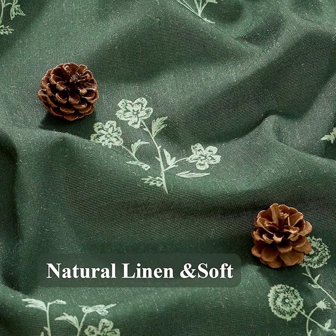 ORTIGIA Linen Shower Curtain Farmhouse Vintage Shower Curtains Set Boho Green Floral Cottagecore Rustic Block Print Decor for Bathroom 72 W x 72 L