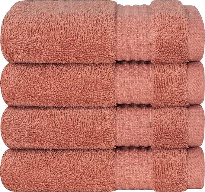 Cotton Paradise 100% Cotton Turkish Washcloth Set for Bathroom, 4 Piece Soft Absorbent Small Towels Wash Rags, Coral