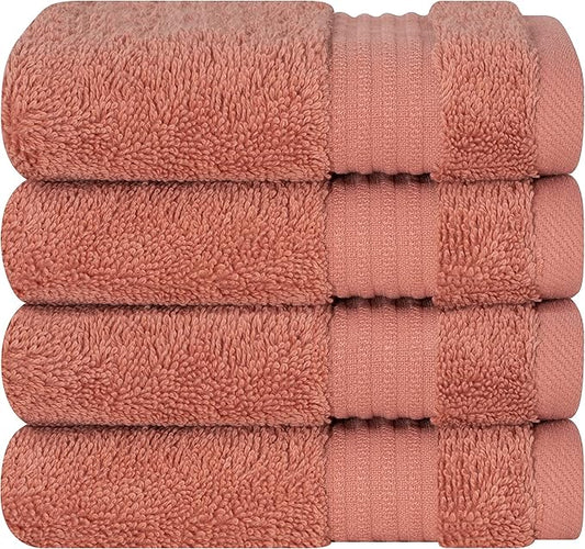 Cotton Paradise 100% Cotton Turkish Washcloth Set for Bathroom, 4 Piece Soft Absorbent Small Towels Wash Rags, Coral