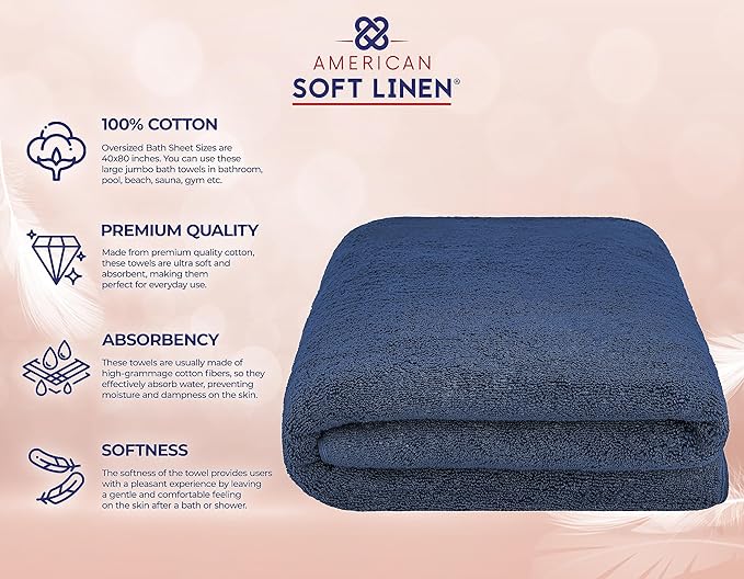 American Soft Linen 100% Cotton 600 GSM Turkish 40x80 Oversized Bath Towel Sheet, Extra Large Adult Towels for Bathroom, Navy Blue Bath Sheet