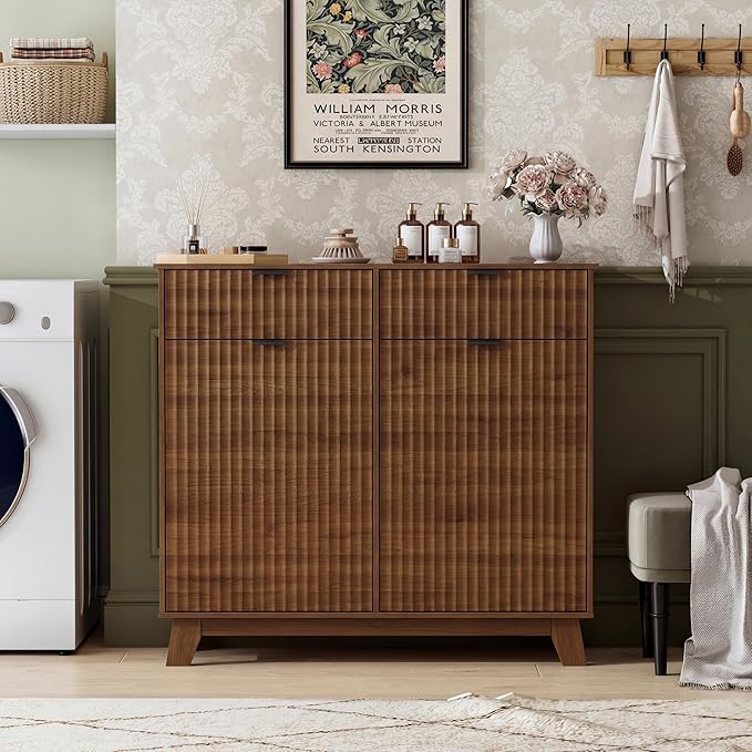 Double Tilt Out Laundry Hamper Cabinet, 20 Gallon Wooden Trash Can Cabinet with Storage Drawers, Hidden Fluted Garbage Can Holder for Kitchen, Living Room (Walnut Wood, 39.34"W x 35.83"H x 13"D)
