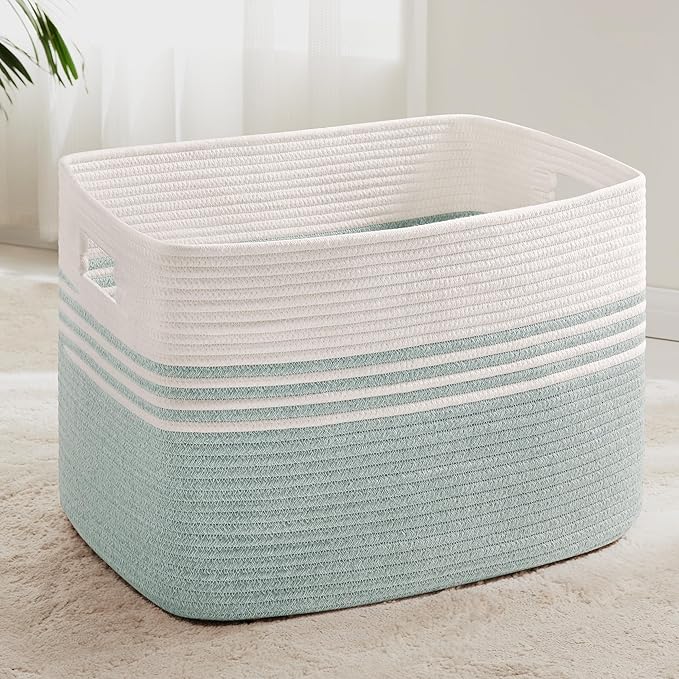 100L Extra Large Laundry Basket for Living Room Storage,Woven Rope Baskets for Blanket,Kids Toy,Gifts,Wicker Hamper for Bedroom Dirty Clothes,24"x16"x16" White Green