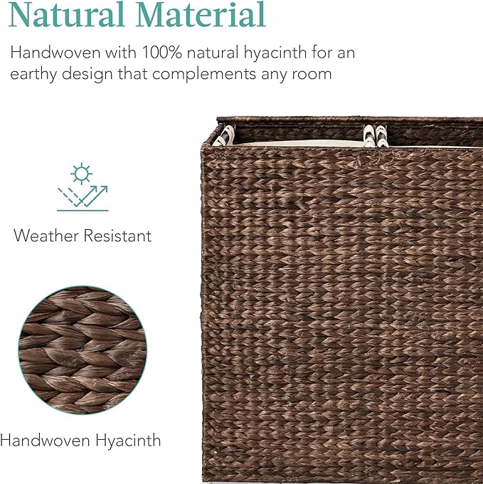 Best Choice Products Large Double Laundry Hamper with Lid, Natural Handwoven Water Hyacinth, 2 Sections w/ 2 Machine Washable Linen Liner Bags, Portable, Handles - Espresso