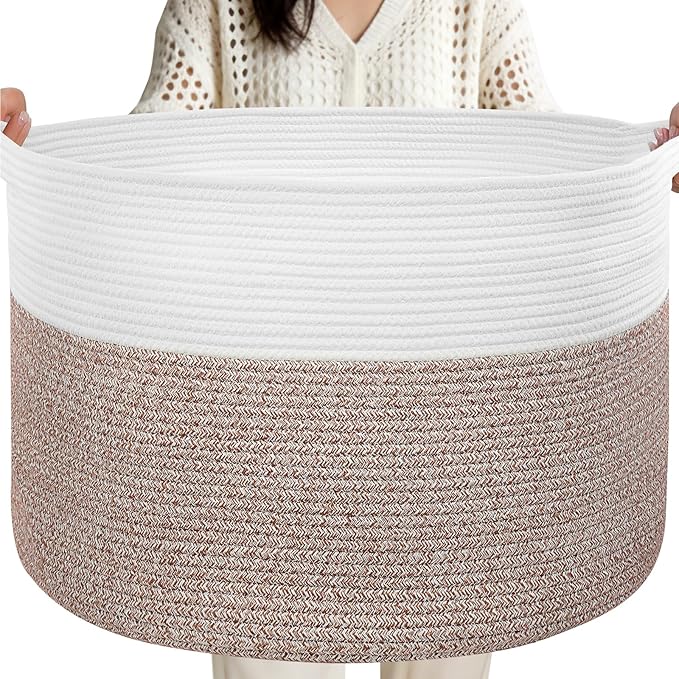 90L Extra Large Blanket Basket for Living Room - Cotton Rope Laundry Hamper Woven Baskets XXL Storage Bin with Handles for Dirty Clothes, Kids, Pets, Toys, Bedroom, 23'' x 23'' x 13'', White & Brown