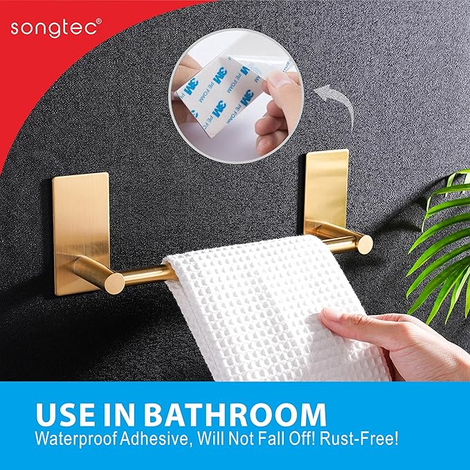 Songtec Gold Towel Bar 16-Inch, Adhesive Stick On Bath Towel Rack No Drill, Strong Adhesion Tape Mount Towel Holder, Stainless Steel - Brushed Gold