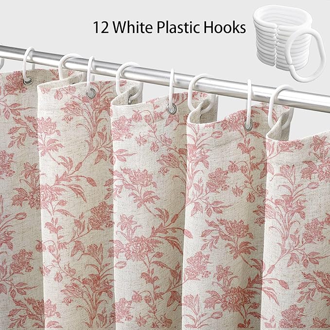Extra Long Pink Shower Curtain Floral Cotton Linen Cottagecore Shower Curtain for Bathroom 90" L x 72" W