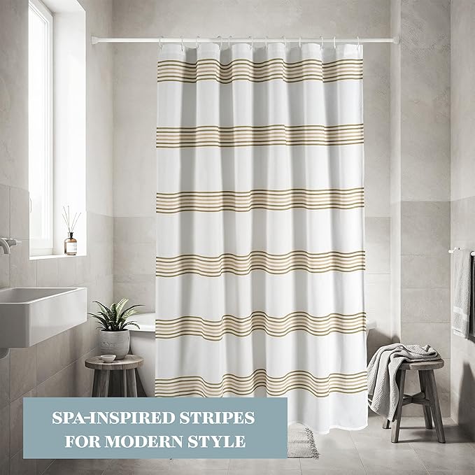 LANE LINEN Waterproof Shower Curtain for Bathroom - 72H x 36W - 2 in 1 Fabric with Built in Waterproof Inner Layer - No Liner Needed, Spa Like Waffle Weave Stripped Texture & Machine Washable - Beige