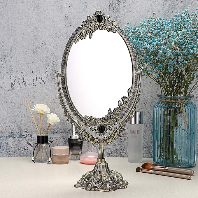 JUXYES Metal Tabletop Antique Decorative Makeup Mirror with Stand, Vintage Swivel Double Sided Cosmetic Mirror with Frame, Retro Desktop Oval Dressing Mirror for Bathroom Bedroom
