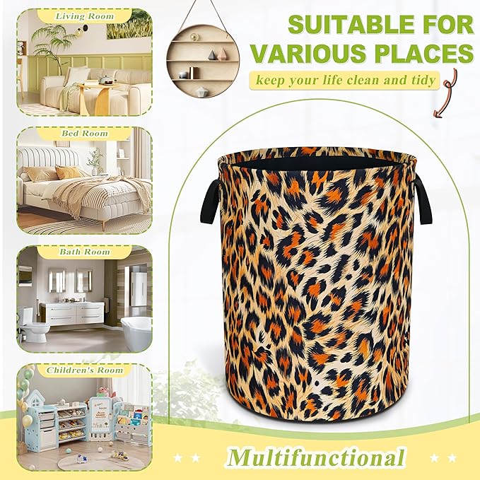 Brown Black Leopard Print Laundry Basket Funny Foldable Waterproof Oxford Cloth Tote Bag Laundry Hamper Large Clothes Storage Bucket Toy Organizer For Bathroom/Laundry Storage/Bedroom 18.9x16.5 Inch