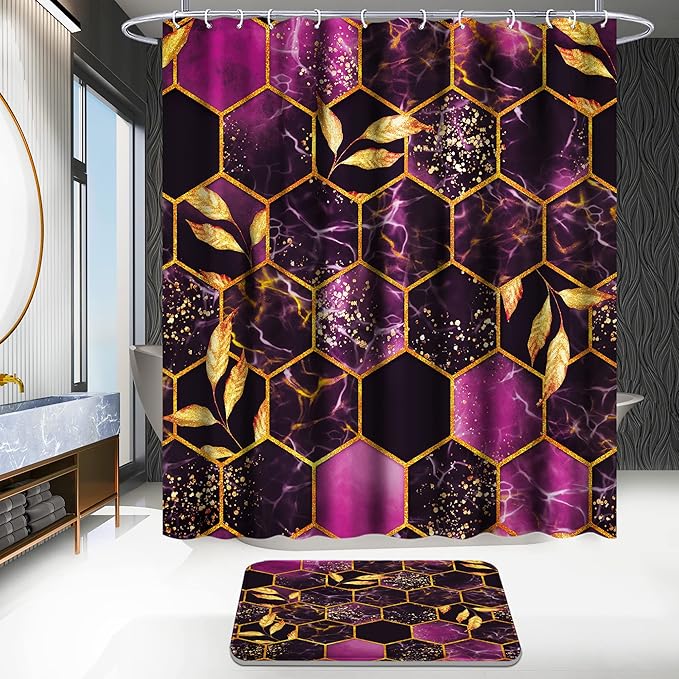 Poedist 4 Pcs Bathroom Shower Curtain Set,Purple Honeycomb Marble Bathroom Sets with Rugs(Bath Mat,U Shape and Toilet Lid Cover Mat) and 12 Durable Hooks
