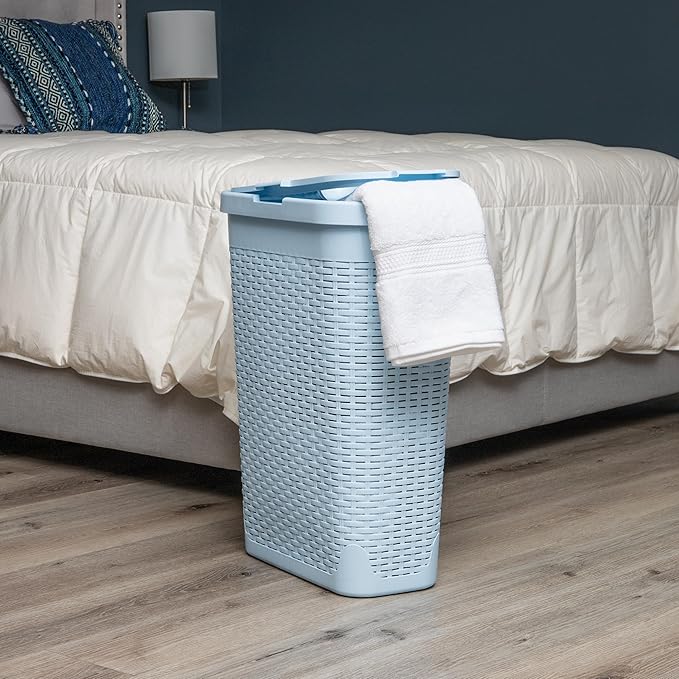 Mind Reader Slim Laundry Hamper with Lid, 40L Clothes Basket, Narrow Tapered Design with Ventilated Cutout Pattern, Plastic, Baby Blue