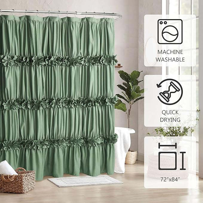 Light Green Ruffle Shower Curtain 72“ W x 84” H, Vintage Handcrafted Bow Tie Bath Curtain for Master Bathroom, Ruched Microfiber Bathroom Curtain with 12 Buttonholes (LQ-10)