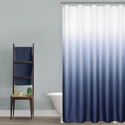 Mrs.Naturall Navy Blue Shower Curtain,Nautical Masculine Men Ombre Dark Blue Pattern Shower Curtains for Bathroom,Set with Hooks,Blue and White