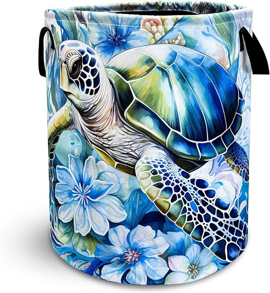 Turtle Laundry Basket Sea Turtle Foldable Oxford Cloth Funny Tote Bag Laundry Hamper Clothes Storage Bucket Toy Organizer For Bathroom/Laundry Storage/Bedroom 18.9x16.5 Inch Gift