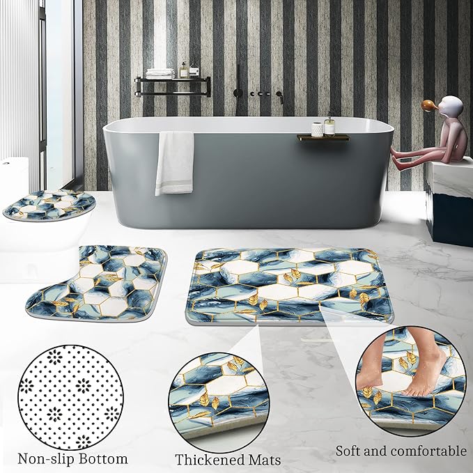 Poedist Shower Curtain Set with Rugs,Bathroom Accessory Set, Including Non-Slip Rugs,Toilet Lid Cover and Bath Mat, Waterproof Shower Curtain with 12 Hooks,Grey and White Honeycomb Marble