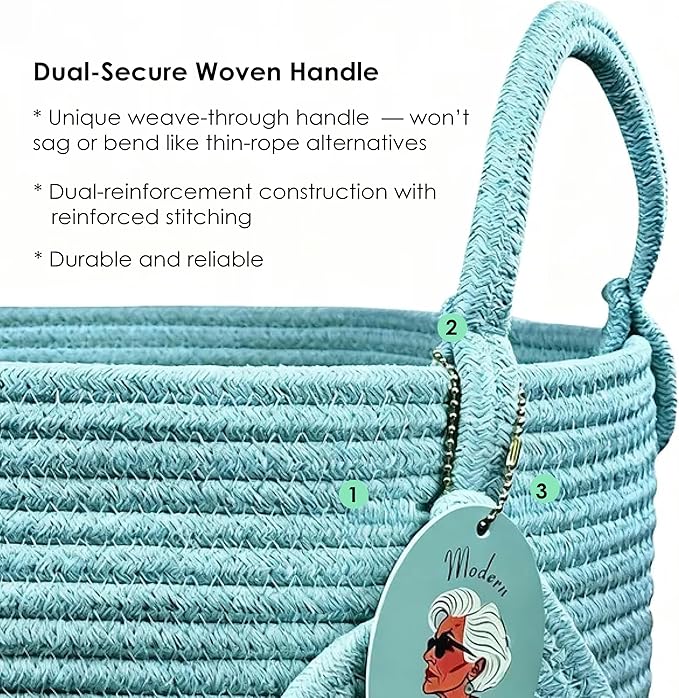 Modern Granny Large Cotton Rope Laundry Hamper 15x20 Inch Dual Secure Woven Handle for Living Room Closet Clothes Blanket Organization