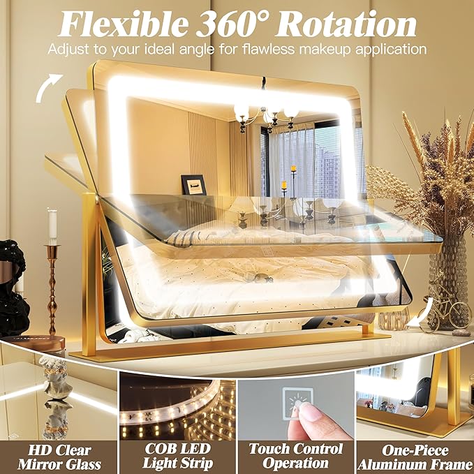 17" x22" Vanity Mirror with Light, LED Makeup Mirror with Lights, 10X Magnification Mirror Makeup with 360°Rotation, 3 Color Modes ＆ Dimmable, Light up Makeup Mirror for Vanity Desk, Travel, Gold