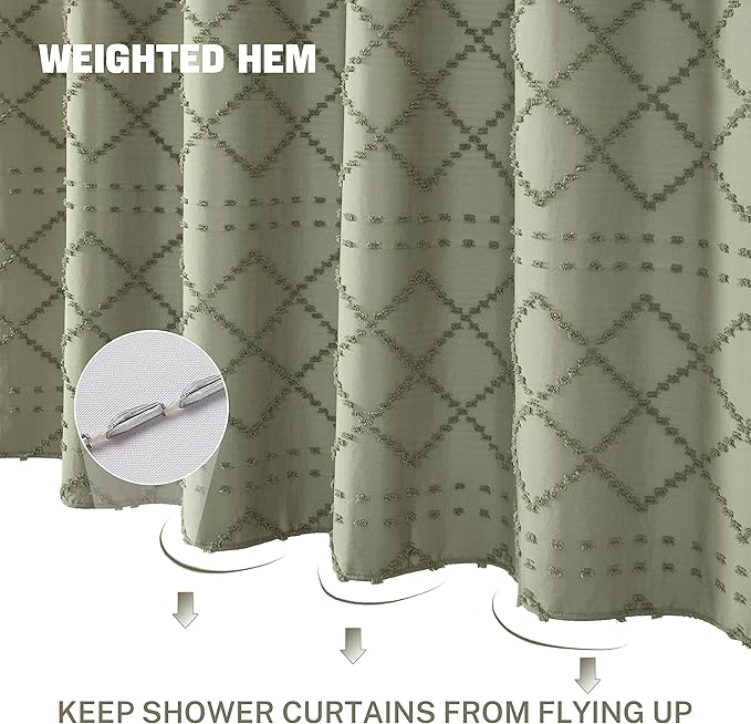 Sage Green Boho Shower Curtain, 60 x 72 Tufted Chevron Textured Striped Modern Farmhouse Minimalist Cloth Shower Curtain for Bathroom
