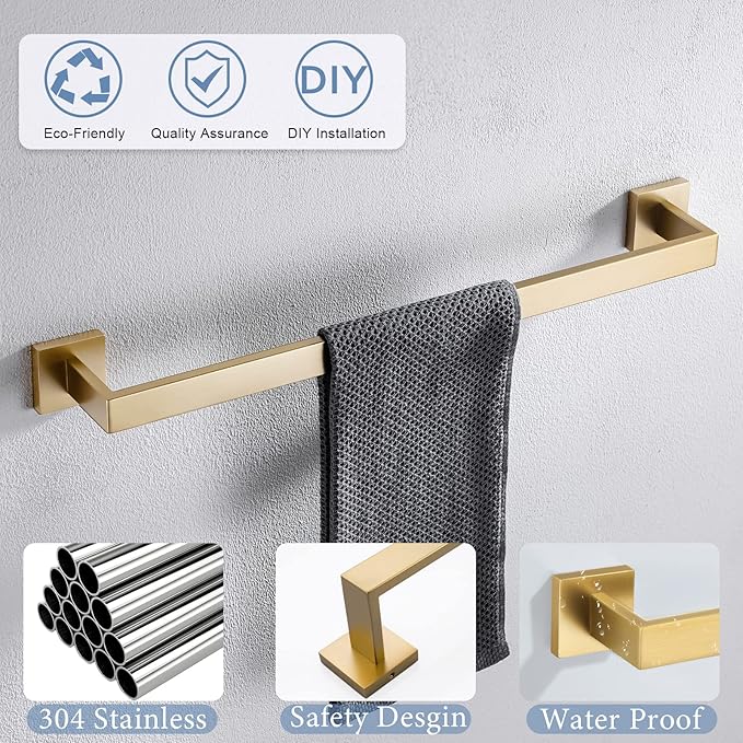 TQKAG Single Towel Bar Brushed Gold 23.6 Inch Bathroom Towel Holder Rail Stainless Steel Wall Mounted Bath Towel Hanger.