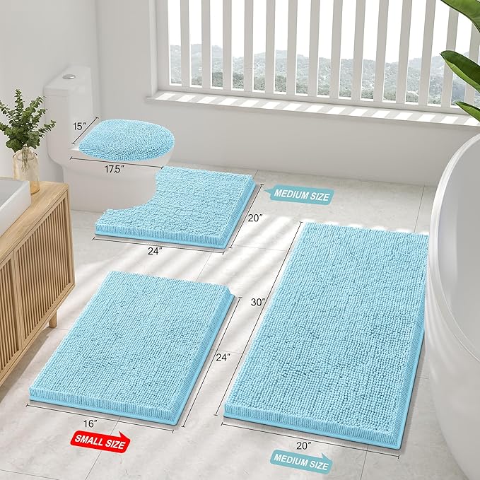 Smiry Luxury Chenille Bathroom Rugs 47x17, Extra Soft and Absorbent Shaggy Bath Mat, Machine Washable, Non-Slip Plush Carpet Runner for Tub, Shower, and Floor, Home Decor Accessories, Sky Blue