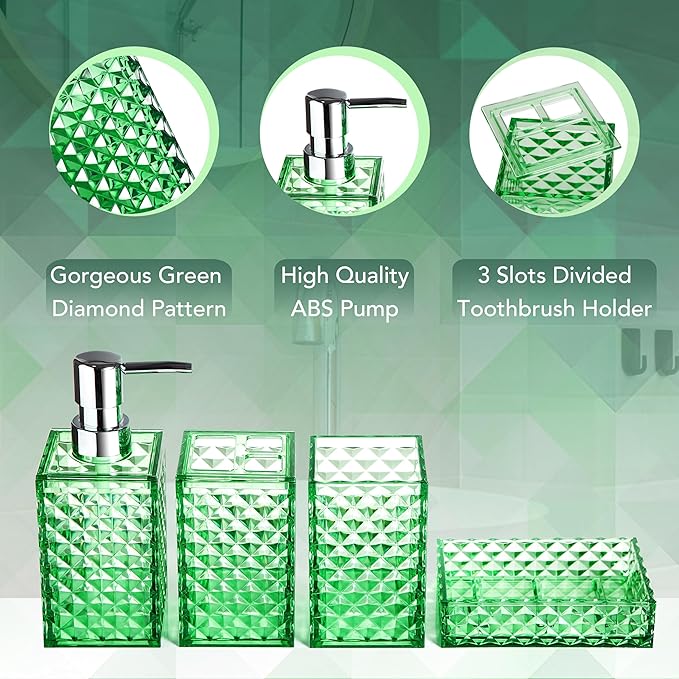 Bathroom Accessory Set, 4 PCS Green Bathroom Accessories Sets, Diamond Pattern Bathroom Soap Dispenser and Toothbrush Holder Sets Accessories Contain Soap Dish Tumbler, Boho Bathroom D??cor