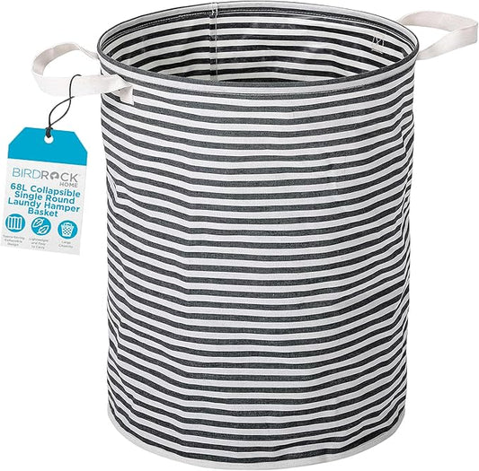 BIRDROCK HOME Collapsible Single Round Laundry Hamper Basket - Grey & White Stripes Bin - Compact Dirty Clothes Organizer Bag