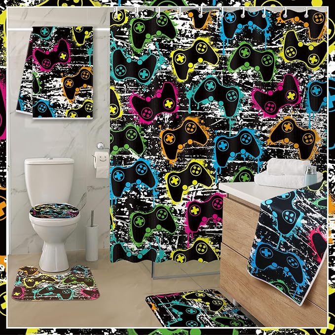 Nuanchu 6 Pcs Game Shower Curtain Set with Rug Bathroom Sets with Shower Curtain Bath Mat U Shaped Mat Toilet Lid Cover 2 Bath Towels and 12 Hooks Game Bathroom Decor