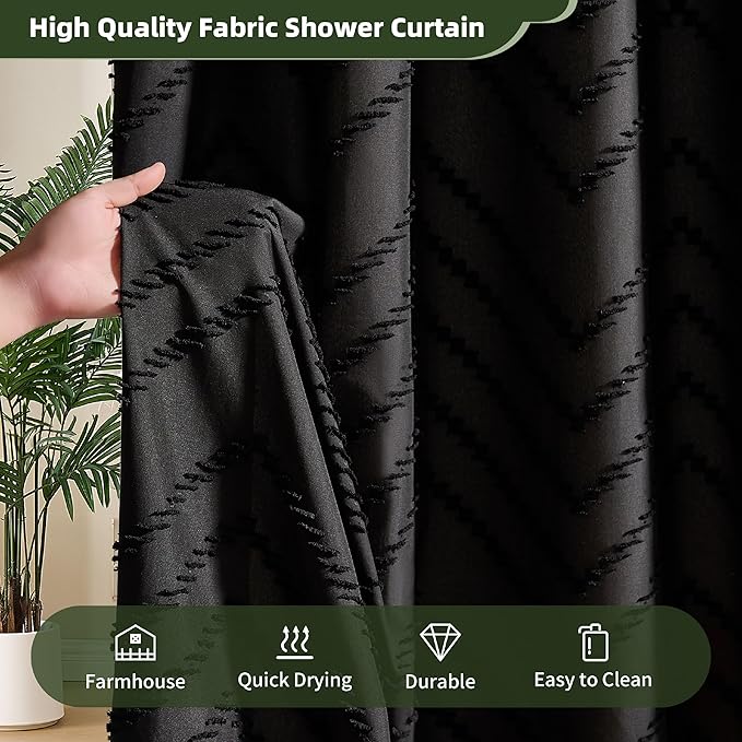 Stall Boho RV Shower Curtain Black Tassel Woven Fabric Short Shower Curtain 48 x 64 Modern Farmhouse Textured Tufted Chevron Striped Minimalist Bathroom Shower Curtain