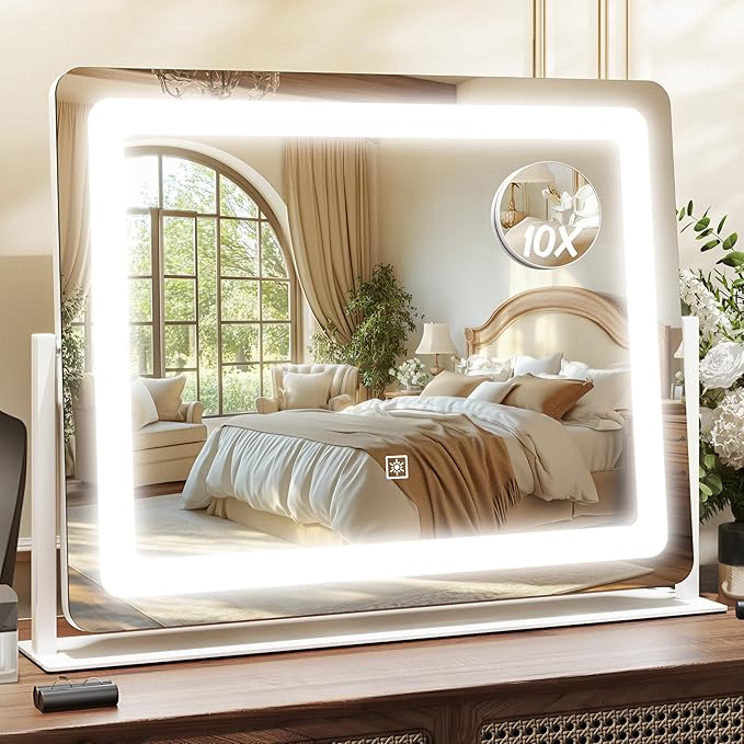 17" x22" Vanity Mirror with Lights, LED Makeup Mirror with Lights, 10X Magnification Mirror Makeup with 360°Rotation, 3 Color Modes＆ Dimmable,Light up Makeup Mirror for Vanity Desk, Travel, White