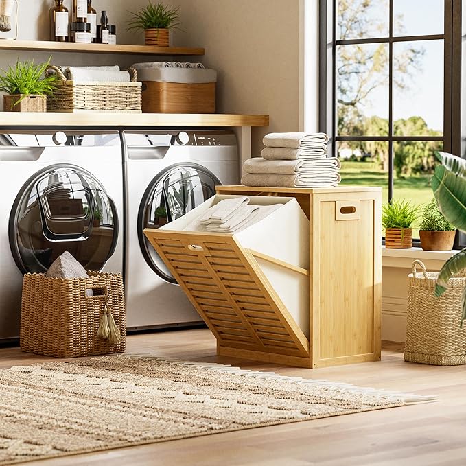 HITNET Tilt Out Laundry Hamper, Bamboo Laundry Cabinet with Hidden Removable Basket, Freestanding Clothes Storage organizer for Bedroom, Bathroom, Living Room, Natural