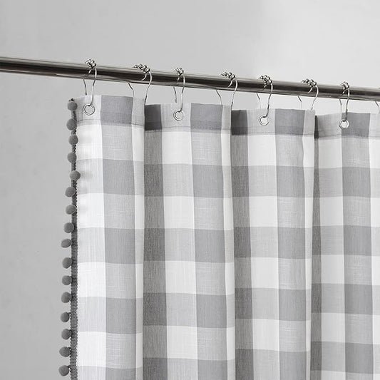 VOILYBIRD Grey and White Shower Curtain Linen Texture Buffalo Plaid Farmhouse and Boho Mix with Pompom 36" W x 72" L