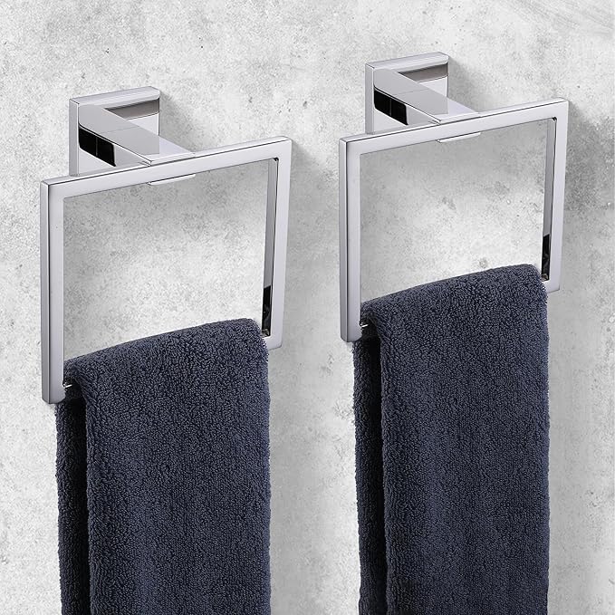LANC Hand Towel Holder for Bathroom Wall Mount Chrome Silver 2-Piece Square Hand Towel Rings for Bath Kitchen Toilet SUS304 Stainless Steel Contemporary Style Shower Towel Towel Rack, A8896CP-P2