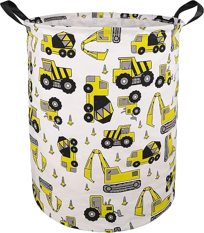 KUNRO Round Laundry Gift Basket Storage Hamper, Clothes Storage Organizer Bins, Shelf Basket with Handles for Room Decor (Excavator)