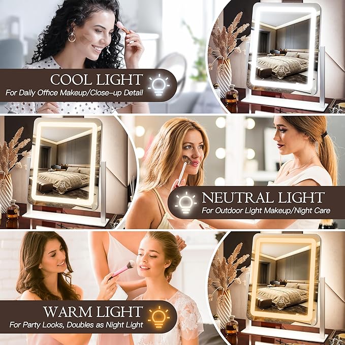 15" x13" Vanity Mirror with Lights, LED Makeup Mirror with Lights,10X Magnification Vanity Mirror with 360°Rotation, 3 Color Modes ＆ Dimmable Lighted Mirror Makeup for Desk, Travel, White
