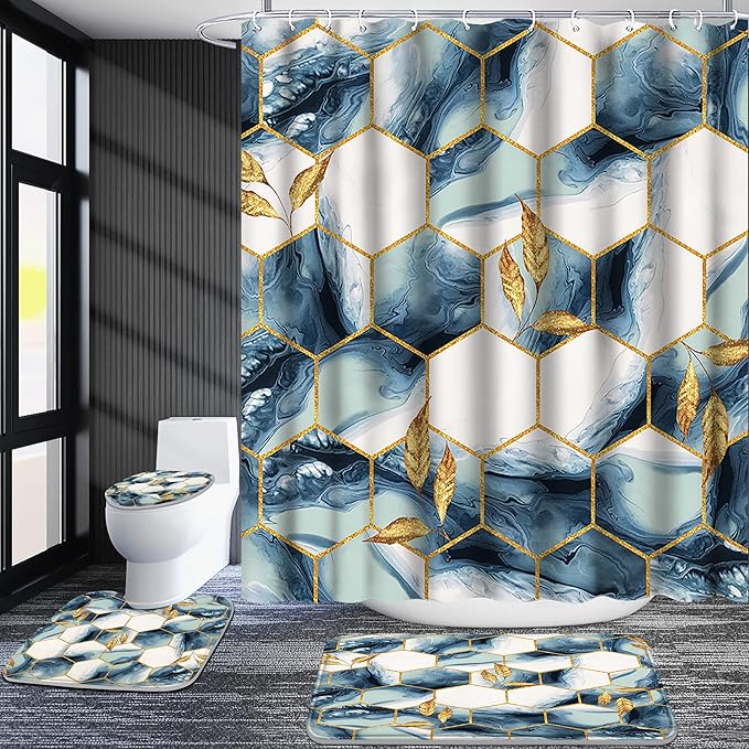 Poedist Shower Curtain Set with Rugs,Bathroom Accessory Set, Including Non-Slip Rugs,Toilet Lid Cover and Bath Mat, Waterproof Shower Curtain with 12 Hooks,Grey and White Honeycomb Marble
