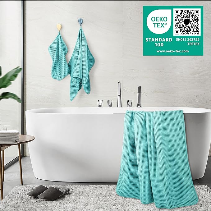 POLYTE 430 GSM Microfiber Quick Dry Lint Free Oversize Bath Towel Set, 6 Piece (Waffle Weave)