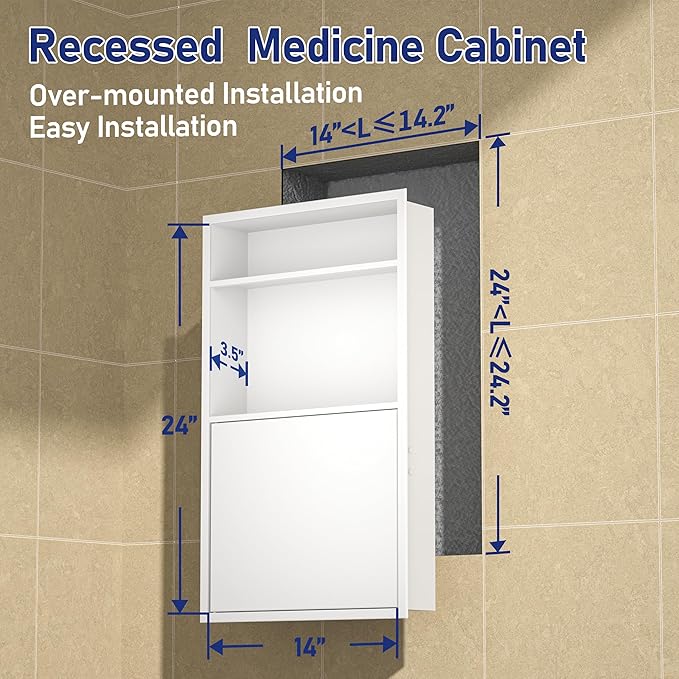 Recessed Medicine Cabinet with Door 24" X 14" White Wall Medicine Cabinets with 3-Tier Shelf 304 Stainless Steel Niche Shower for Bathroom Storage