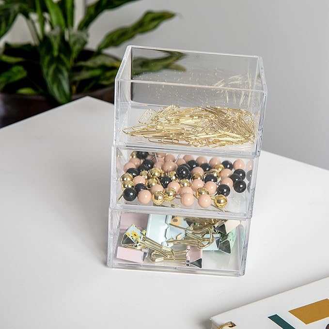 Martha Stewart Brody Desktop Storage Organizer, Stack and Slide Plastic Organizer Tray, Organizer for Office, Kitchen, or Vanity, 3" x 3.75", Clear