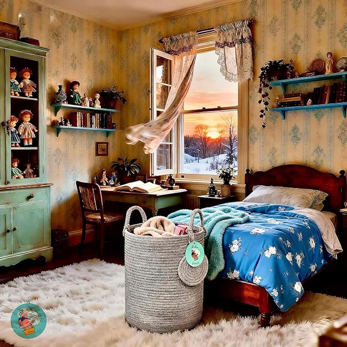 Modern Granny Medium Cotton Rope Laundry Hamper 14x16 Inch Dual Secure Woven Handle for Living Room Closet Clothes Blanket Organization