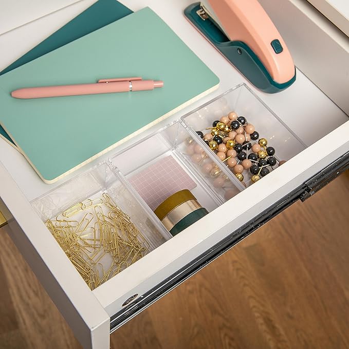 Martha Stewart Brody Desktop Storage Organizer, Stack and Slide Plastic Organizer Tray, Organizer for Office, Kitchen, or Vanity, 3" x 3.75", Clear