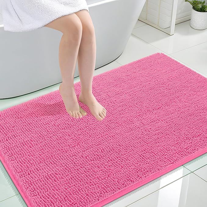 OLANLY Bathroom Rugs 47x32, Extra Soft Absorbent Chenille Bath Rugs, Rubber Backing Quick Dry, Machine Washable Bath Mats for Bathroom Floor, Tub and Shower, Home Decor Accessories, Hot Pink