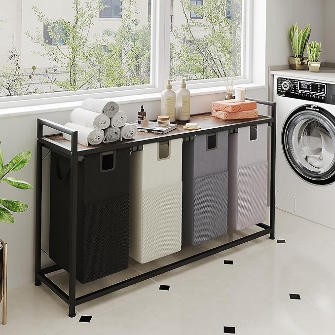LIVEHOM Laundry Basket Four Laundry Hamper with Removable Bags, Fabric Handles, Large Top Shelf and Laundry Bag for Bathroom, Dorm, Laundry Room