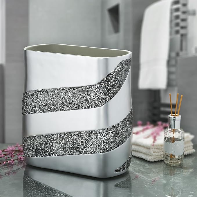 Creative Scents Silver Mosaic Bathroom Accessories Set Complete - 6 Piece Bathroom Set Includes: Bathroom Trash Can, Tissue Cover, Soap Dispenser, Toothbrush Holder, Tumbler & Soap Dish