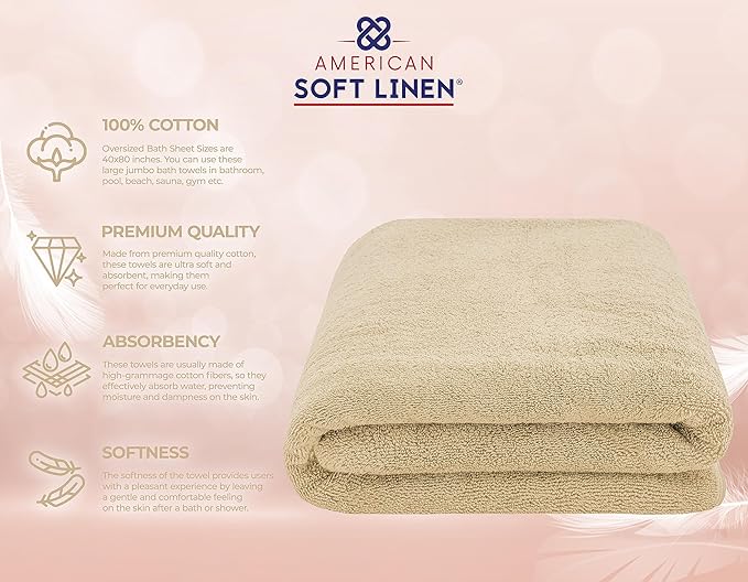 American Soft Linen 100% Cotton 600 GSM Turkish 40x80 Oversized Bath Towel Sheet, Extra Large Adult Towels for Bathroom, Beige Bath Sheet