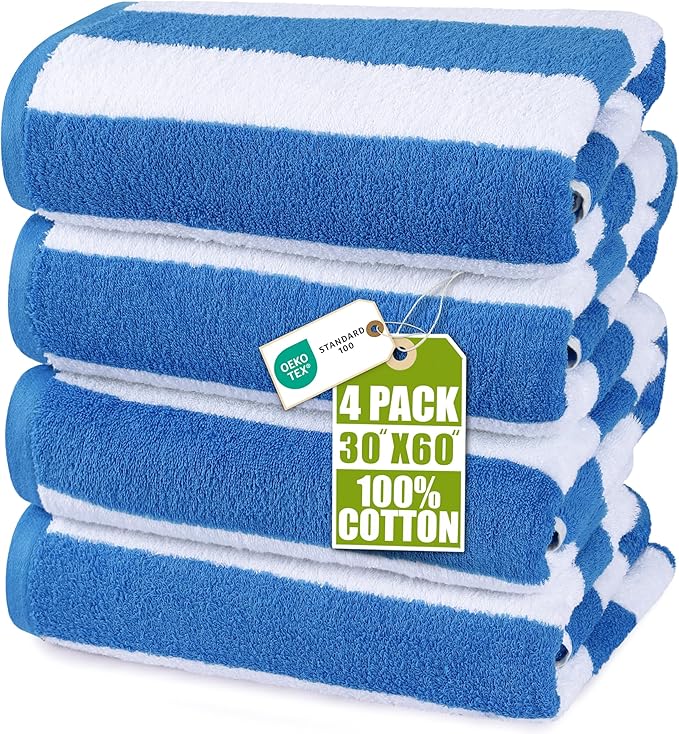 Utopia Towels 4 Pack Cabana Stripe Beach Towel, 30 by 60 Inches, Oversized 100% Ring Spun Cotton Pool Towels, Highly Absorbent Quick Dry Bath Towels for Beach, and Swim, Blue