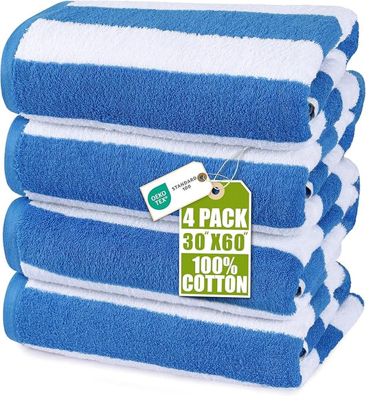 Utopia Towels 4 Pack Cabana Stripe Beach Towel, 30 by 60 Inches, Oversized 100% Ring Spun Cotton Pool Towels, Highly Absorbent Quick Dry Bath Towels for Beach, and Swim, Blue