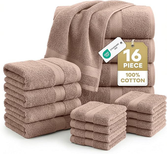 LANE LINEN 100% Mercerized Cotton Bathroom Towel Set - 16 Pieces - Fluffy, Super Soft & Highly Absorbent - 4 Bath Towels, 8 Washcloths, 4 Hand Towels - Ring Spun, Double Sided Cotton Terry - Taupe