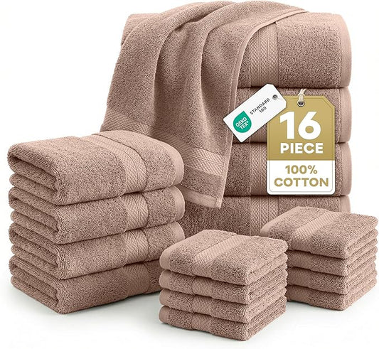 LANE LINEN 100% Mercerized Cotton Bathroom Towel Set - 16 Pieces - Fluffy, Super Soft & Highly Absorbent - 4 Bath Towels, 8 Washcloths, 4 Hand Towels - Ring Spun, Double Sided Cotton Terry - Taupe