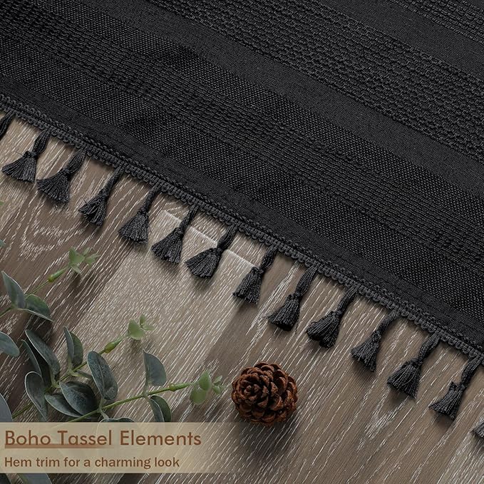 OVZME Extra Long Black Shower Curtain 96 Inch Long, Boho Linen Textured Soft Fabric Heavy Duty Cloth Bathroom Shower Curtain with Tassel, Tall Farmhouse Luxury Bath Decor, 72Wx96L Inches