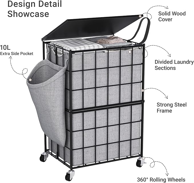 90L Laundry Basket with Wheels, Large Capacity Laundry Hamper with Removable Liner Bags, Heavy Duty Laundry Sorter with Solid Wood Lid & Leather Handles, Grey